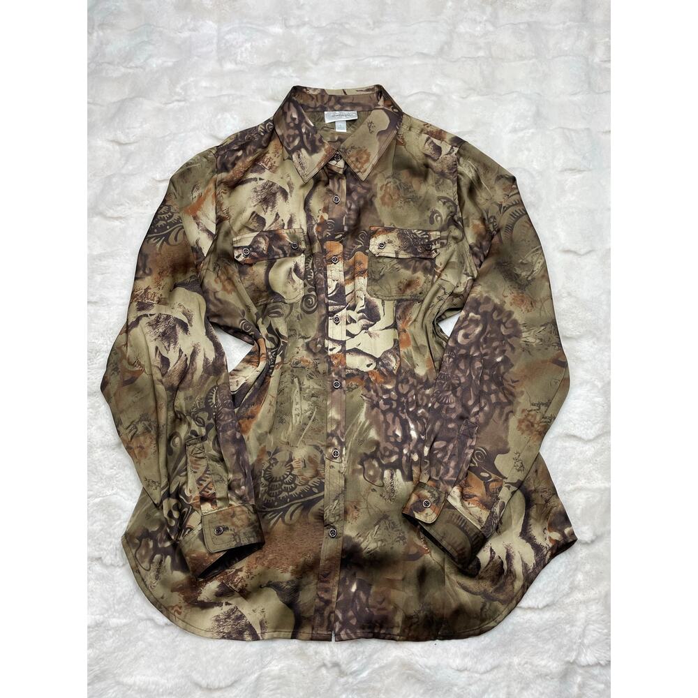 🔥NWOT Dressbarn Abstract Floral Print Button Blouse Shirt Green Satin Preppy